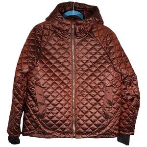 BCBGMaxAzria Winter Coat Women’s Large Quilted Puffer Zip Front Hood Burgundy
